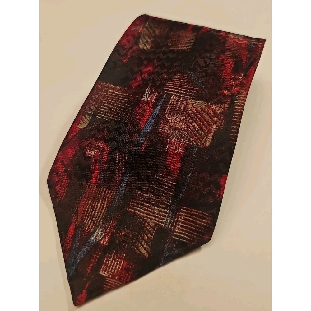 David Taylor Polyester Necktie Maroon, Blue & Red Geometric 3.75" X 57" USA